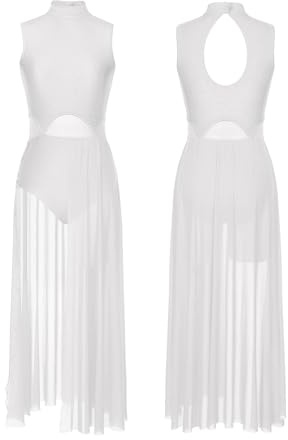 Costumi Donna Danza Lirica Abito da ballo lirico moderno da donna, senza maniche, con strass, spacco, trasparente, for balletto, ginnastica, body da ballo Per Moderno, Contemporaneo Danza(White,S)