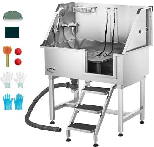 VEVOR Baignoire de Chien Acier Inoxydable, Baignoire de Toilettage pour Animaux de Compagnie 96 cm Station de Lavage Chat, avec Escalier à Droite, Robinet, Pommeau de Douche, Porte-savon, Porte Droite
