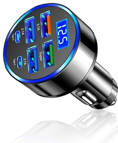 6 Ports Car Charger Adapter 12-24V Super Fast Cigarette Socket Lighter Car Universal Charger Mobile Adapter with Digital Display for iPhone iPad Samsung Galaxy Pixel Android(2PD+QC3.0 3.1 4 USB Input)