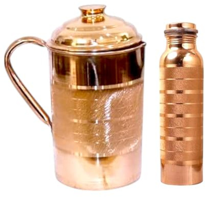 BRACOP® Brocca in Rame per Acqua Borraccia per Acqua con Coperchio Bottiglia in Rame Ayurveda Brocca da Portata da 2 l Tazza in Rame Puro Stoviglie Bottiglia a Tenuta stagna Stoviglie in Rame