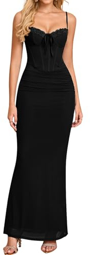 KUTUMAI Vintage Lace Corset Floral Maxi Long Dress Bodycon Ruched Tie Formal Wedding Guest Dresses for Women Elegant Black L