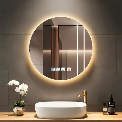 Viugreum Runder Spiegel mit Beleuchtung, 60cm Badspiegel Mit Beleuchtung, Led Spiegel Bad, Badezimmerspiegel Wandspiegel mit 3 Lichtfarben Dimmbar, Antibeschlag, Touch-Schalter und Speicherfunktion