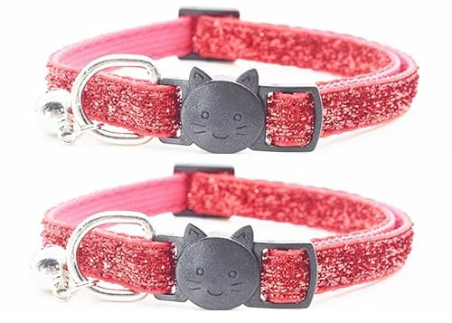 Glitter katt- och kattunge-halsband med klocka och säkerhetsspänne, justerbar design, paket med 2, finns i röd, rosa, blå, silver och guld. (Baby rosa)