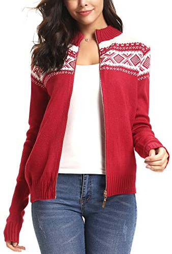 Sykooria Womens Fall Clothing Chunky Christmas Cardigans Front Full Zip Long Sleeve Snowflake Knit Coats Jacket