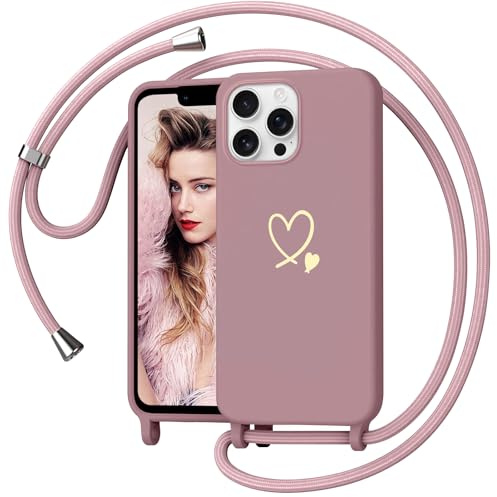 Yichxu Handyband für iPhone 13 Pro Max Hülle mit Band, Herz Design Necklace Handyhülle zum Umhängen Kordel, Stoßfest Schutzhülle mit Kette, Weich TPU Liquid Silikon Case für iPhone 13 Pro Max, Rosa