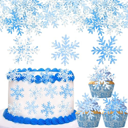 Gyufise 60Pcs Edible Snowflake Cupcake Toppers Winter Cupcake Picks Snowflake Wafer Paper Winter Frozen Theme Baby Shower Kids Birthday Cake Decorations Party Supplies Multi Blue