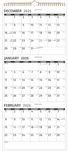 2026 Wall Calendar - 3 Month Calendar 2026 Vertical, Jan 2026 - Dec 2026, 3 Month Wall Calendar 2026, 11 x 26 In Open, 2026 Calendar Monthly with Large Print, Holidays, Thick Paper, Priorities ＆ Notes
