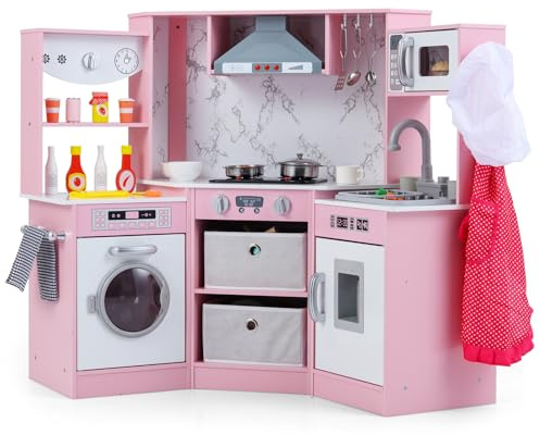 DREAMADE Kinderküche Holz mit 16 TLG. Zubehör, Kinder Spielzeugküche Eckküche mit Herd Spüle Mikrowelle Dunstabzugshaube, Spielküche mit Licht und Sound für Kinder ab 3 Jahren Grau (Rosa)