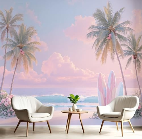GSAEIMCT Powder Blue Mural Photo Wallpaper,Palm Tree Surfboard Wallpaper for Living Room Tv Backdrop Office,3D Effect Summer Beach Large Wall Mural Paper Decoration Poster Picture,450X300Cm