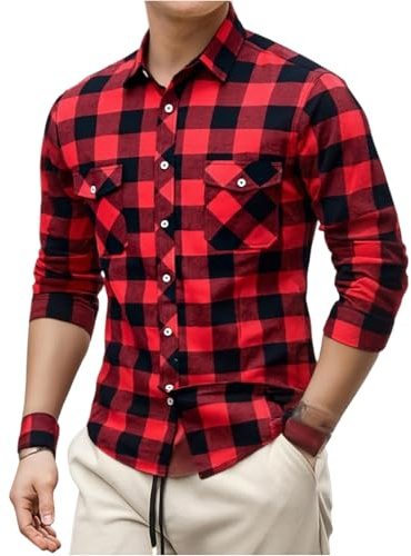 Générique Chemise Homme Regular Fit Carreaux Chemisette à Manches Longues Col V Printemps Décontracté Chemises avec Poche