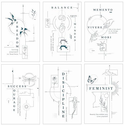 6 Blätter Temporäre Tattoos für Frauen, Fine Line Tattoos mit Freiheit, Balance, Feminismus, Wasserdichte Geometrische Fake Tattoos Minimalistische Körperkunst für Festival Party