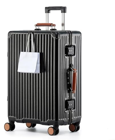 Aoliwei Aluminium-Rahmen Reisekoffer M (64cm) – Premium Hartschalen-Trolley für 4-6 Tage Reisen, mit braunem Echtleder-Griff, TSA-Schloss & & 360° Silent-Doppelrollen, Schwarz