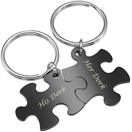 BOPREINA Personalized Gravur 2X Edelstahl 33*22mm Zwei Puzzle Schlüsselanhänger Partner Paare Liebe Freundschaft Schlüsselbund Schlüsselring Keychain (Schwarz, mit Gravur)
