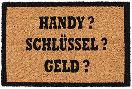 Relaxdays Kokosmatte ALLES DABEI?, Fußmatte aus Kokosfasern, rutschfeste Türmatte, Handy, 40x60cm, natur/schwarz