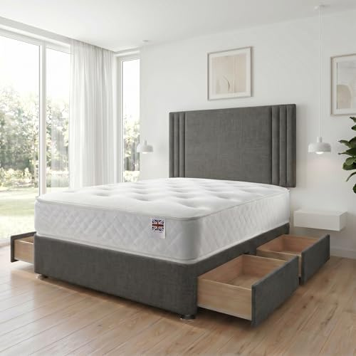 Bed Centre Manhattan Double Grey Linen Memory Foam Divan Set With Mattress, 2 Drawers (Same Side) and Headboard (Double (135cm X 190cm))