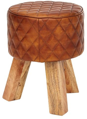FineBuy Sitzhocker Turnbock 35x46x35 cm Echtleder Massivholz Rund | kleiner Fußhocker gepolstert, Lederhocker bis 120 kg, Beistellhocker handgefertigt, jedes Stück ein Unikat
