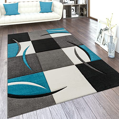 Paco Home Teppich Wohnzimmer Kurzflor Schlafzimmer Modern Geometrisches Muster Kariert Meliert, Grösse:160x230 cm, Farbe:Türkis