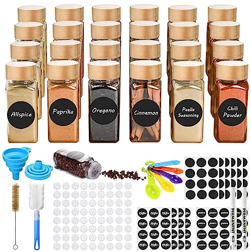 TWBEST Gewürzgläser 24er Set, Gewürzgläser Eckig mit Streueinsatz,120ml Gewürzdosen mit Bambusdeckel,für Gewürzregal, Schrank, Schublade,Gewürzdosen Set Glas