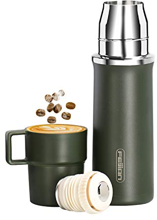 Healter Thermoskanne mit Becher 600ml Thermosflasche Kaffee Auslaufsicher Thermobecher Getränke 12h Warm/24h Kalt BPA-Frei Edelstahl Isolierflasche für Outdoor Camping(Grün)
