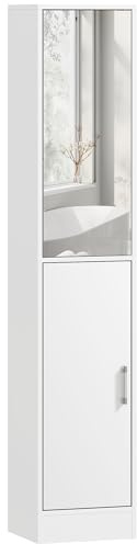 kleankin Armario para Baño Alto Mueble Columna de Baño con Espejo 2 Puertas y Estantes Interiores Ajustables Multiusos para Cocina Salón 32x28x162 cm Blanco