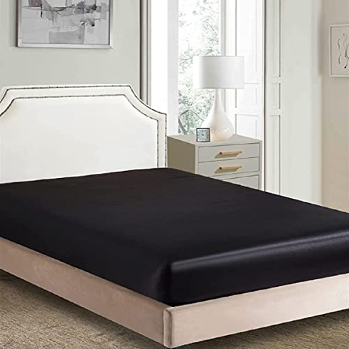 Spannbettlaken 160x200cm Schwarz Boxspringbett Satin Bettlaken Glänzend Seide Spannbetttuch Uni Muster Hochwertiges Spannbetttücher für Hohe Matratze bis 25-30 cm