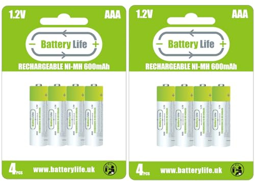 Battery Life AAA Rechargeable Batteries (8 pack) 600mAh Ni-MH 1.2v Household UK Brand