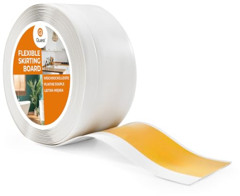Quest Mjuk Golvlist Självhäftande, Mjuk Sockellist– 100 mm x 25 mm – avslutningslist, bred böjbar list – för väggar, golv – PVC, flexibel, vattentät, dekorativ (Vit, 5m)