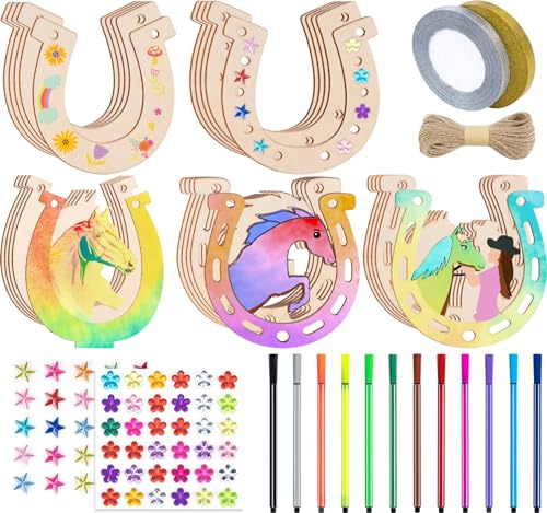 Hufeisen Holz Set, 42 Stück Scheiben, 25 Unvollendete Ausschnitte, 12 Aquarellstifte, 2 Rollen Glitzerband, 20m Juteseil für DIY Geburtstagsdeko