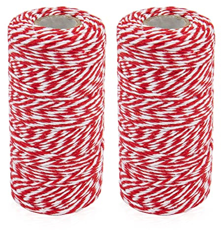 Time to Sparkle 200m Christmas String Xmas Twine String Thread Cotton Rope | For Gift Wrapping Baking Packing DIY Crafts Handmade Arts 1 Set (2rolls 100m/Roll) Red/White