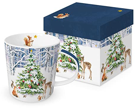 PPD Kaffeebecher Winterwald mit Geschenkbox, Tier Tasse, 0.35 Liter, Weiß, Glänzend, Zylinder, Klassisch, Weihnachten