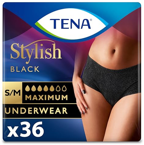 Tena Stylish Black Incontinence Underwear for Women, Maximum Absorbency, Small/Medium, 36 ct (2 Packs of 18)