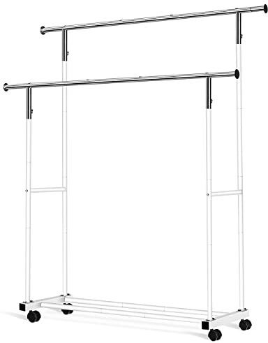 VICERII Doppelter Kleiderständer, 140 cm Kleiderständer mit Rollen und unterer Ablage, 59 kg Kapazität, robuste Rollgarderobe zum Aufhängen von Kleidung, Mänteln, Hemden, Pullovern, Röcken, Weiß