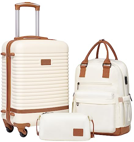 COOLIFE Suitcase Set, 3 Piece Luggage Sets with Travel Backpack and Toiletry Bag for Short Travel, TSA Lock 360° Spinner Wheels (White/Brown, 20 Inch Luggage Set)