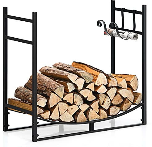 COSTWAY Kaminholzregal mit Anzündholzhaltern, Brennholzregal für Innen und Aussen, Feuerholzregal Metall, Kaminholzständer, 84 x 33 x 76 cm