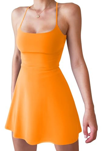 Damen-Tenniskleid mit Shorts, Sport-Shorts, Kleid, ärmellos, für Training, Minikleid, für Golf, Yoga, Fitnessstudio, A-Orange, M