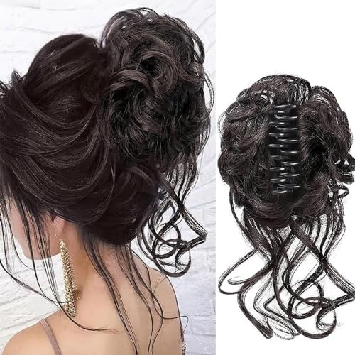 RPAEOY Haarteile Dutt mit Klammer Lockig Wellig Haargummi mit Haaren Klammer Synthetik Messy Bun Haar Scrunchies Haardutt Haarteile für Damen (Bräunlich-schwarz)