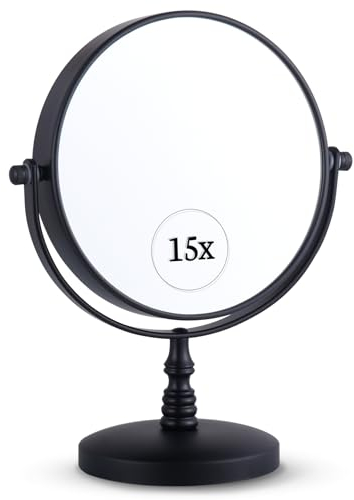 Mirrorvana Espejo de Mesa de 15X aumentos con Soporte - diseño cosmético de Doble Cara 15X y 1X, Ideal para Escritorio, tocador o encimera de baño - 22,9 cm de Alto y 15,24 cm de Ancho (Negro)