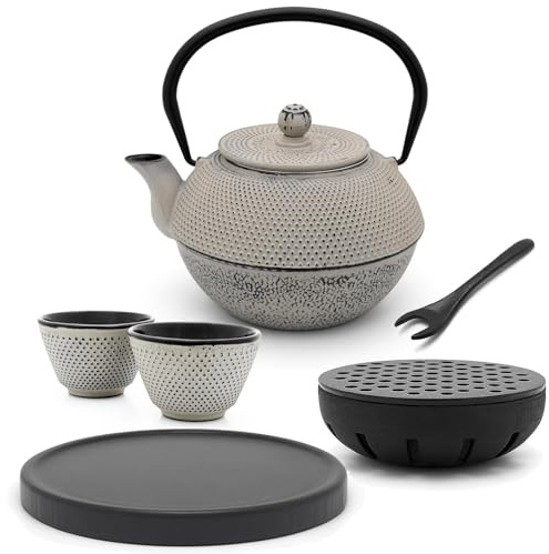 Bredemeijer Asia Teekanne Gusseisen Set 1.1 Liter - grauer Teekessel & Edelstahl-Filter für losen Tee & 2 Teebecher & Holz-Untersetzer & Teewärmer & Deckelheber