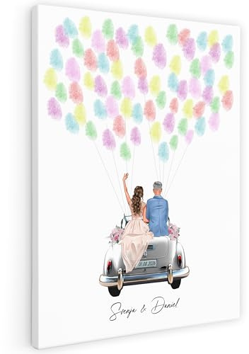 Fingerabdruck Leinwand Hochzeit personalisiert mit Brautpaar-Ballons | Personalisiert, Leinwand auf Keilrahmen, 30 x 40 cm, Gästebuch Alternative, Luftballons für Fingerabdrücke