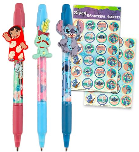 Disney Lilo and Stitch Stifte-Set, Set mit 3 Lilo- und Stichstiften mit Clip und Aufklebern für Kinder, Schulbedarf, Schreibtischzubehör für Jungen, Mädchen