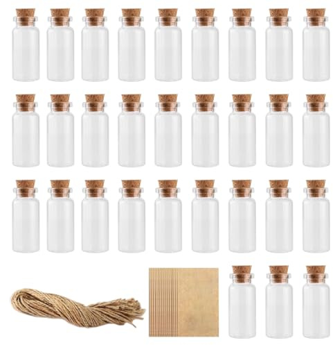 Mini Glasflaschen mit Korken,30 Stück 10ml Bastelbedarf für Hochzeit DIY | Hochwertiges Glas,Kälte- & hitzebeständig, wiederverwendbar,Inkl. Korken, Schnur & Karten,Vielseitig für Hochzeit, Party