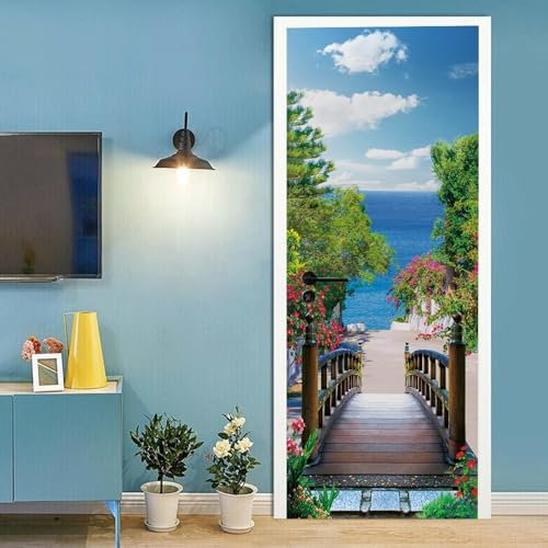 Türtapete 3D Türaufkleber Selbstklebend Türposter - Blumen Holzbrücke Strand Meereslandschaft 95 X 215 Cm - Türfolie Poster Pvc Abnehmbar Wasserdichte Door Stickers - Kinderzimmer Wohnzimme -6S6C3Y1Y0