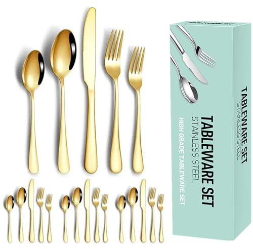 MIMEMY Besteck Set für 4 Personen, 20 teilig Essbesteck Set inkl. Messer, Gabel, Löffel für die Küche zu Hause, Besteck Edelstahl Spiegelpoliert, Spülmaschinenfest (Gold)