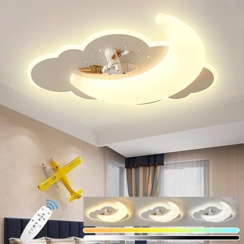 Kinderzimmerlampe LED Deckenleuchte Dimmbar mit Fernbedienung 120W Astronaut Deckenlampe Modern Cartoon Kinderlampe Wolken Acryl Kronleuchter für Jungen Mädchen Schlafzimmer Kinderzimmer Kindergarten