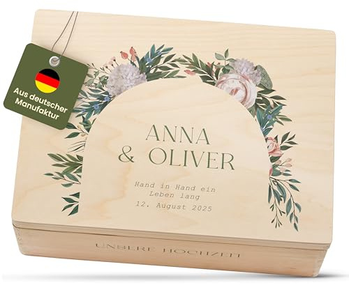 Amari ® Personalisierte Erinnerungsbox aus Holz | Blütenbogen (001.09) | Individuelles Hochzeitsgeschenk Erinnerung Hochzeit Personalisiertes Holzkiste