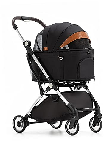 Haustier-Buggys für kleine und mittelgroße Hunde, Haustier-Kinderwagen für Katzen und Hunde, teilbarer Hundekinderwagen mit 4 Rädern, leicht, zusammenklappbar, für unterwegs (grau) (Schwarz)