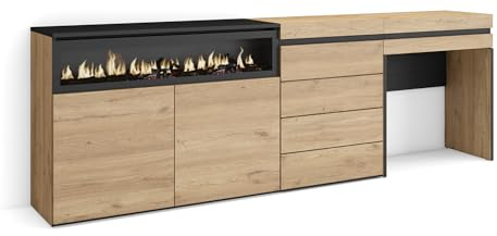 Skraut Home | Aparador | con Almacenamiento | 227x75x35 cm | Dormitorio, habitación | Chimenea eléctrica | Cómoda, Cajonera | Tocador | Estilo Moderno | Roble