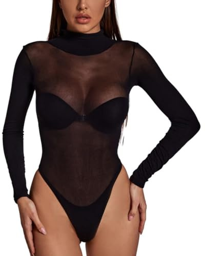 Walang Damen Mesh Bodysuit Langarm Top Sheer T Shirt Körper Anzug EIN Stück Sexy Bodycon hohen Kragen Uniform