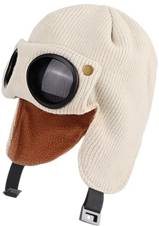 TAGVO Gorro de Punto Invierno para Niños, Gorro Beanie con Forro Polar Suave y Grueso con Gafas Cortaviento, Regulable Sombrero de Invierno con Orejeras para 4 a 10 Años niños y niñas Al Aire Libre