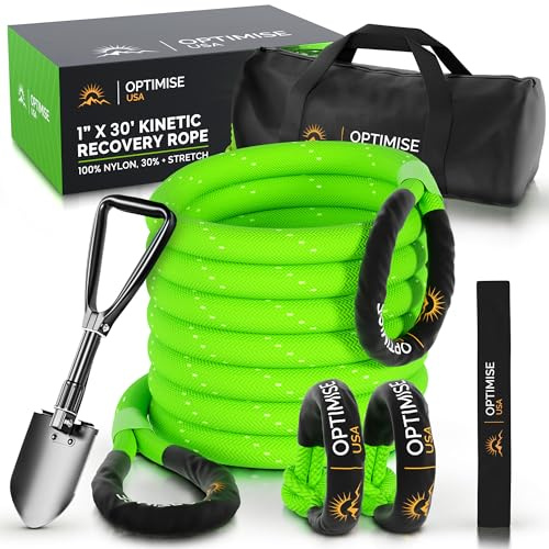 Cuerda de recuperación cinética de 1 pulgada x 30 pies (22.0 kg) – Correa de remolque resistente con pala todoterreno, 2 grilletes suaves (7/16 x 22 pulgadas) y bolsa de transporte, kit de
